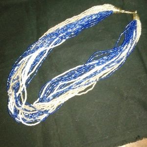 Vintage Bright blue,white,&gold seed bead necklace
